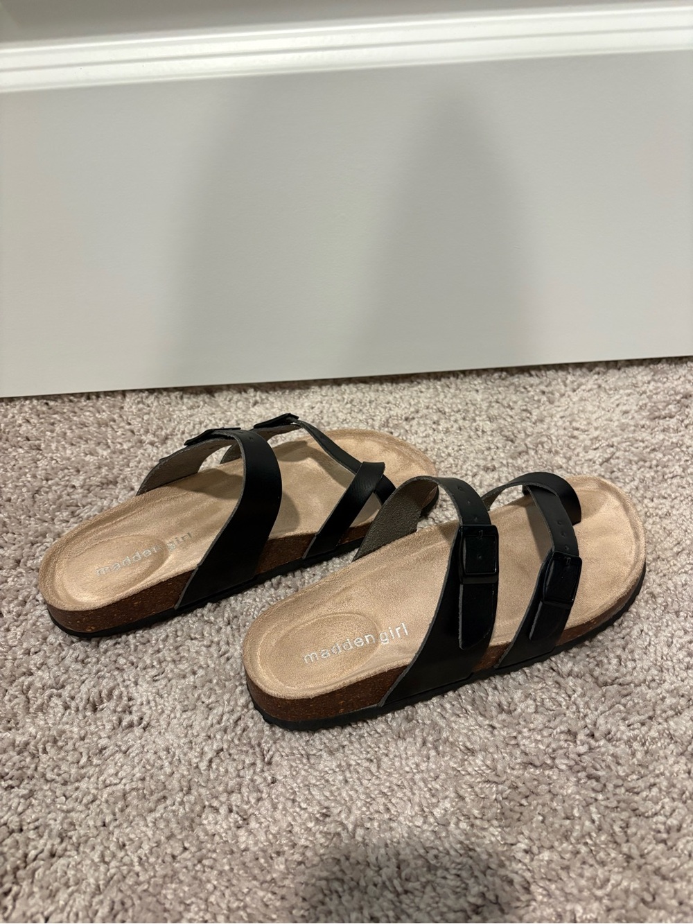 Madden Girl Black Double-Strap Buckle Slide Sandals